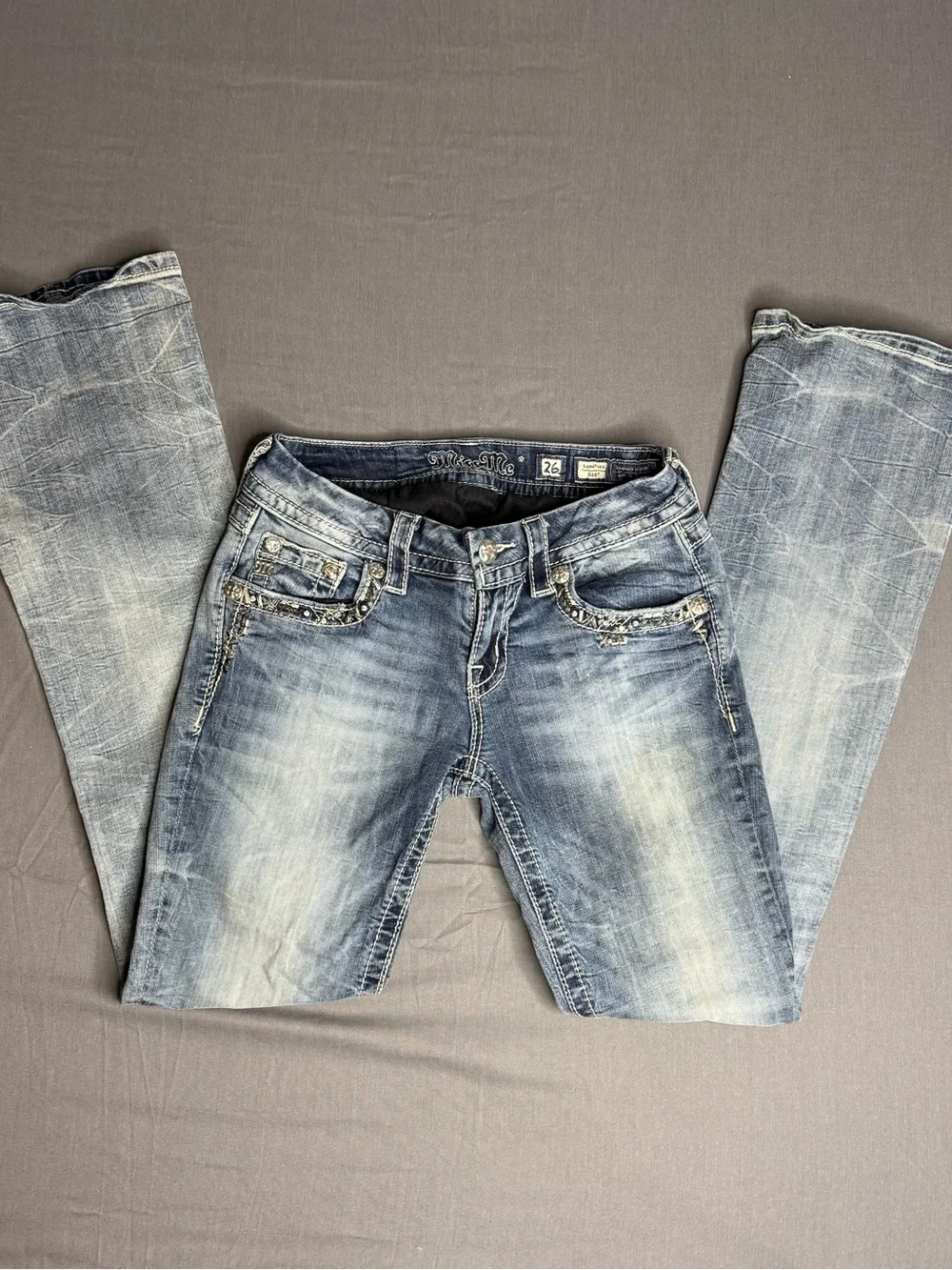 Miss Me Signature Y2K Low Rise Bootcut Jeans Size 26 Embellished Denim